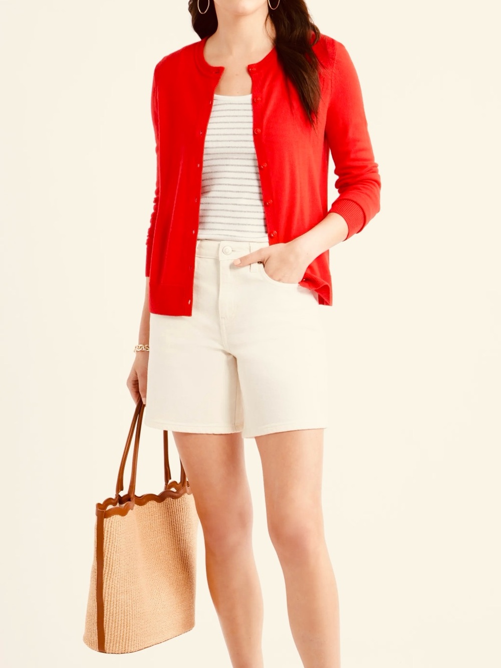 August Silk Long Sleeve Classic Stretchy Cardigan Button Small Coral Red Orange